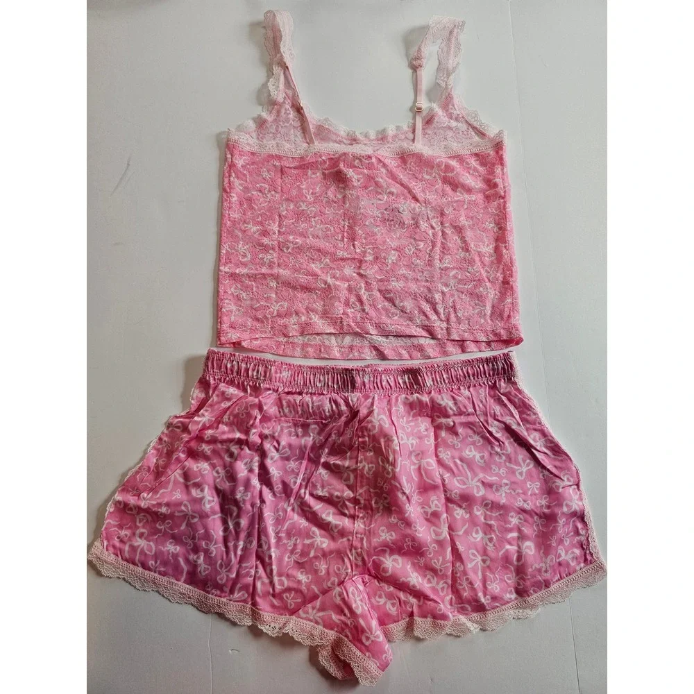 PINK LoveShackFancy Pajama Set Womens M Pink Lace Cami Shorts Coquette - Picture 3 of 8